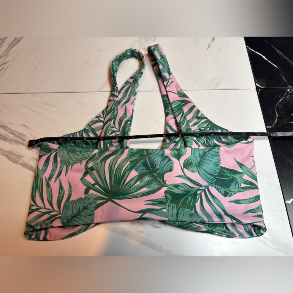 Beach Riot Tropical Leaf Cutout Bikini Workout Top in Green and Pink - Picture 3 of 5